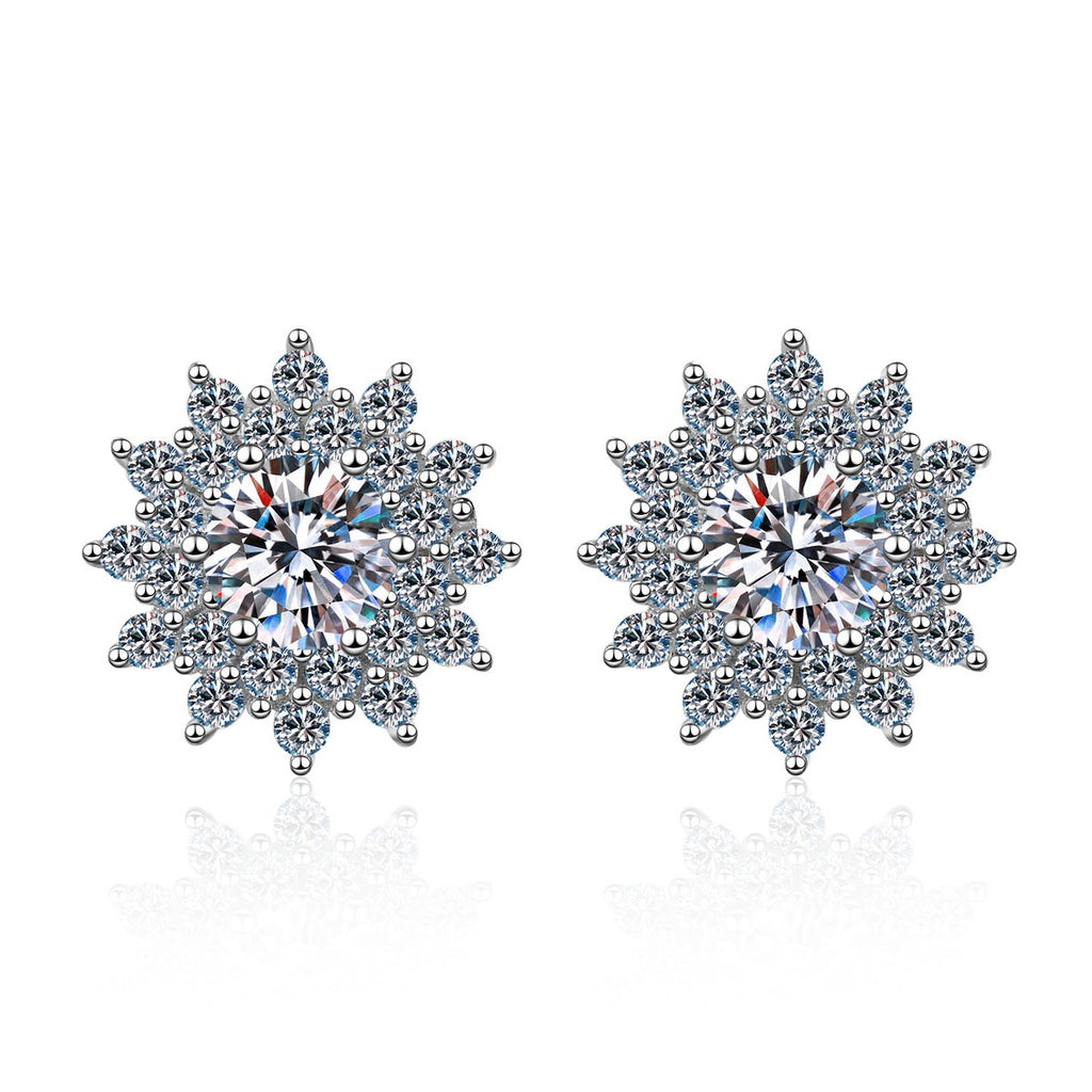 Floral Halo Moissanite Stud Earrings with CZ in Rhodium-Plated S925 Sterling Silver on clean white background showing the pair, setting, and stud earrings silhouette