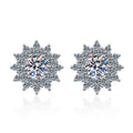 Floral Halo Moissanite Stud Earrings with CZ in Rhodium-Plated S925 Sterling Silver on clean white background showing the pair, setting, and stud earrings silhouette