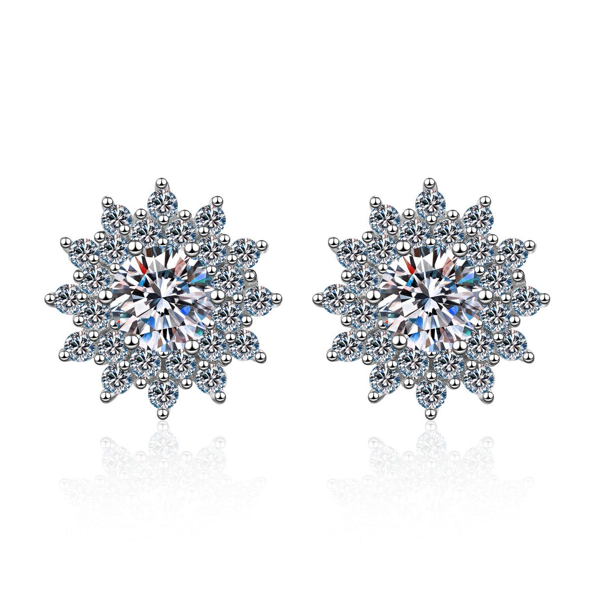 Floral Halo Moissanite Stud Earrings with CZ in Rhodium-Plated S925 Sterling Silver on clean white background showing the pair, setting, and stud earrings silhouette