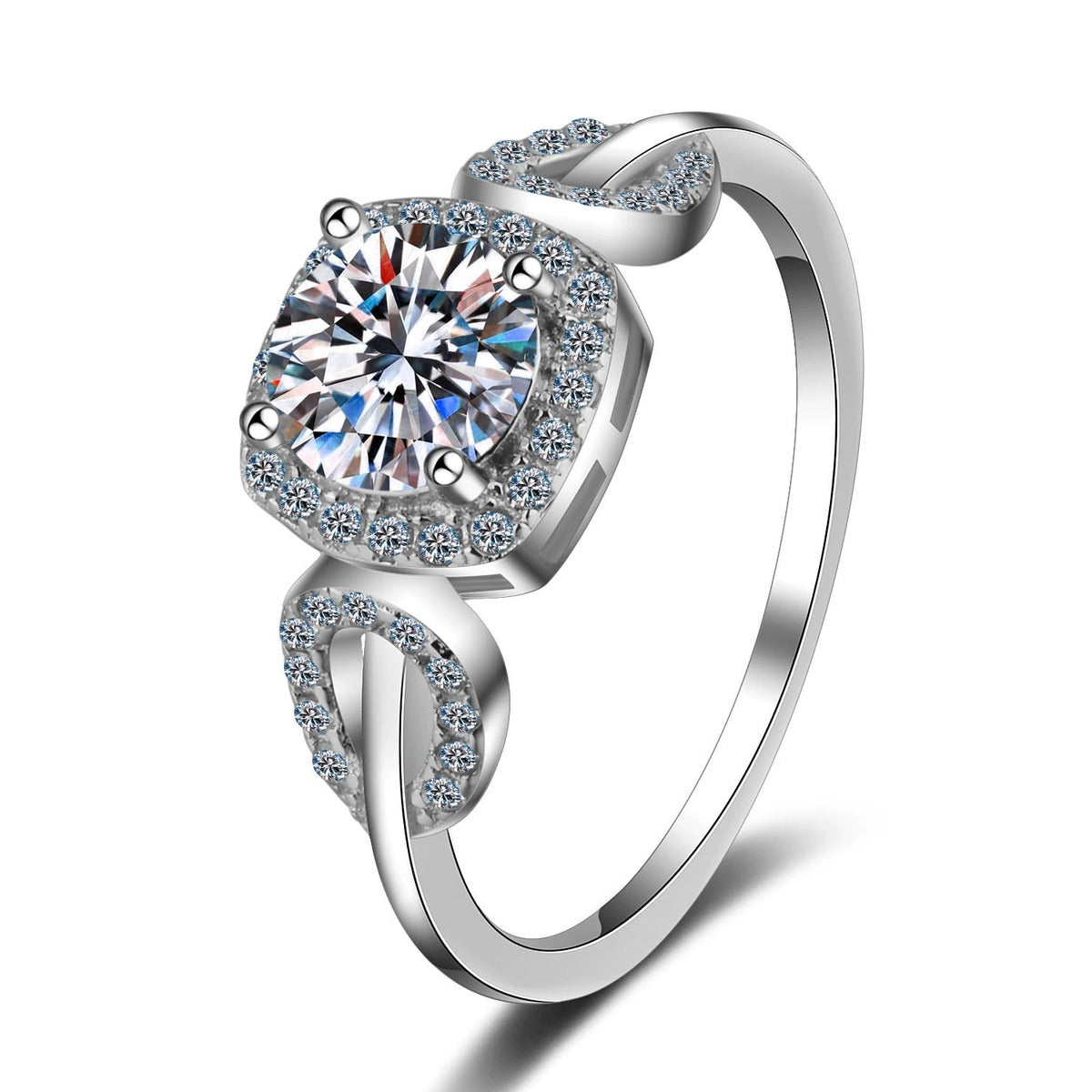 Round Moissanite Halo Engagement Ring with CZ in rhodium-plated S925 sterling silver on clean white background