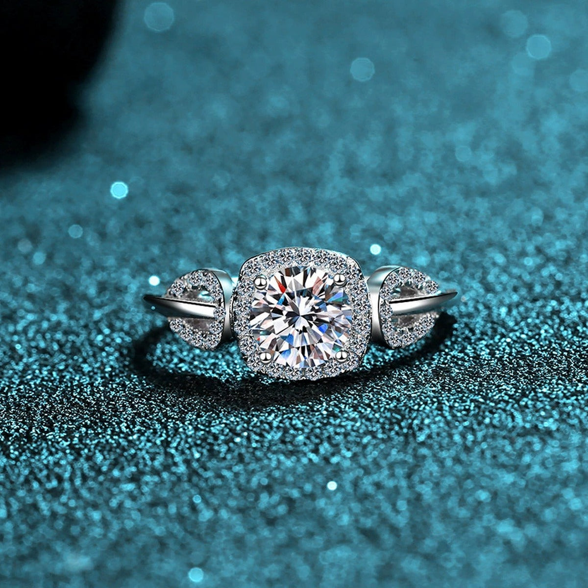 Round Moissanite Halo Engagement Ring with CZ product view showing moissanite setting and metal finish