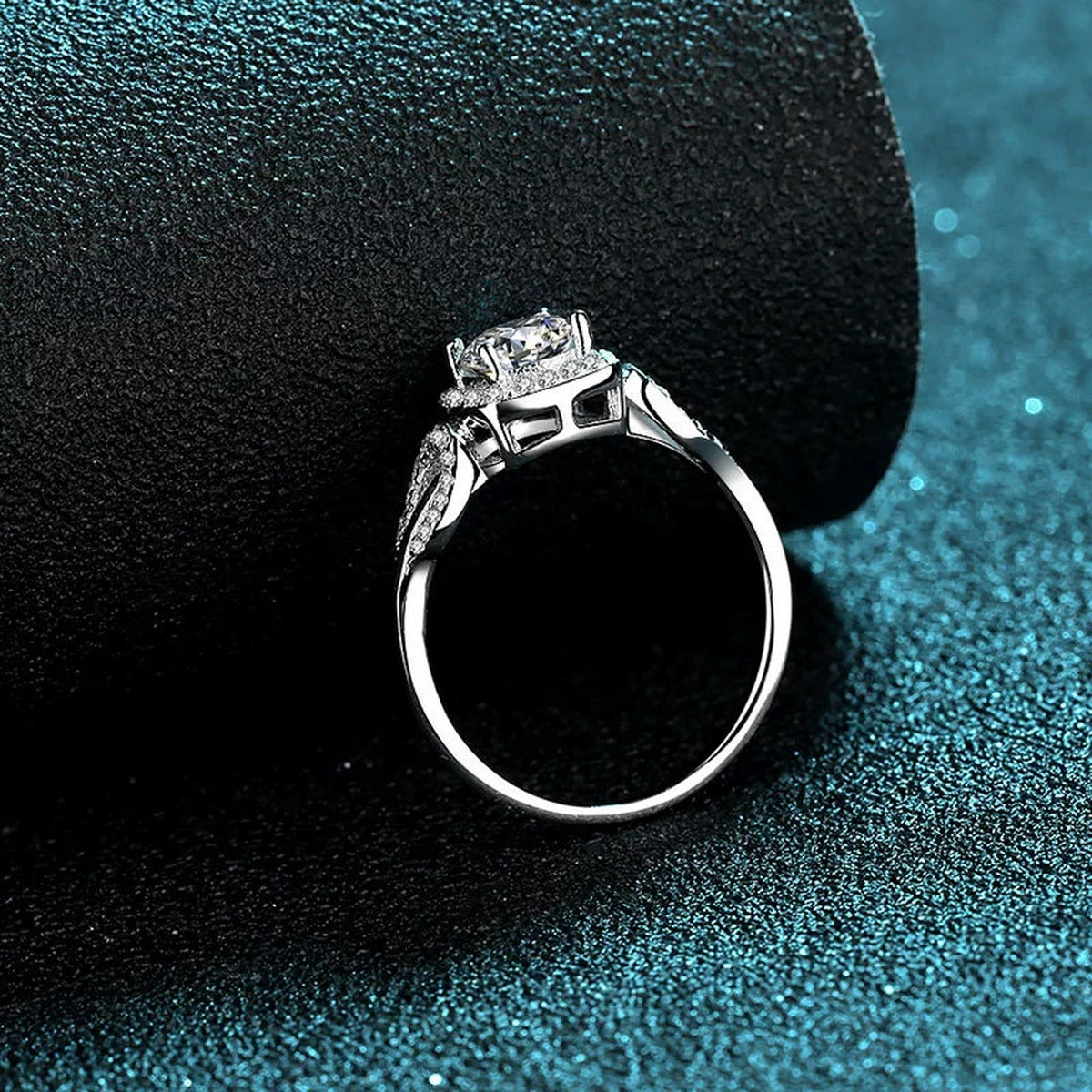 Round Moissanite Halo Engagement Ring with CZ product view showing moissanite setting and metal finish
