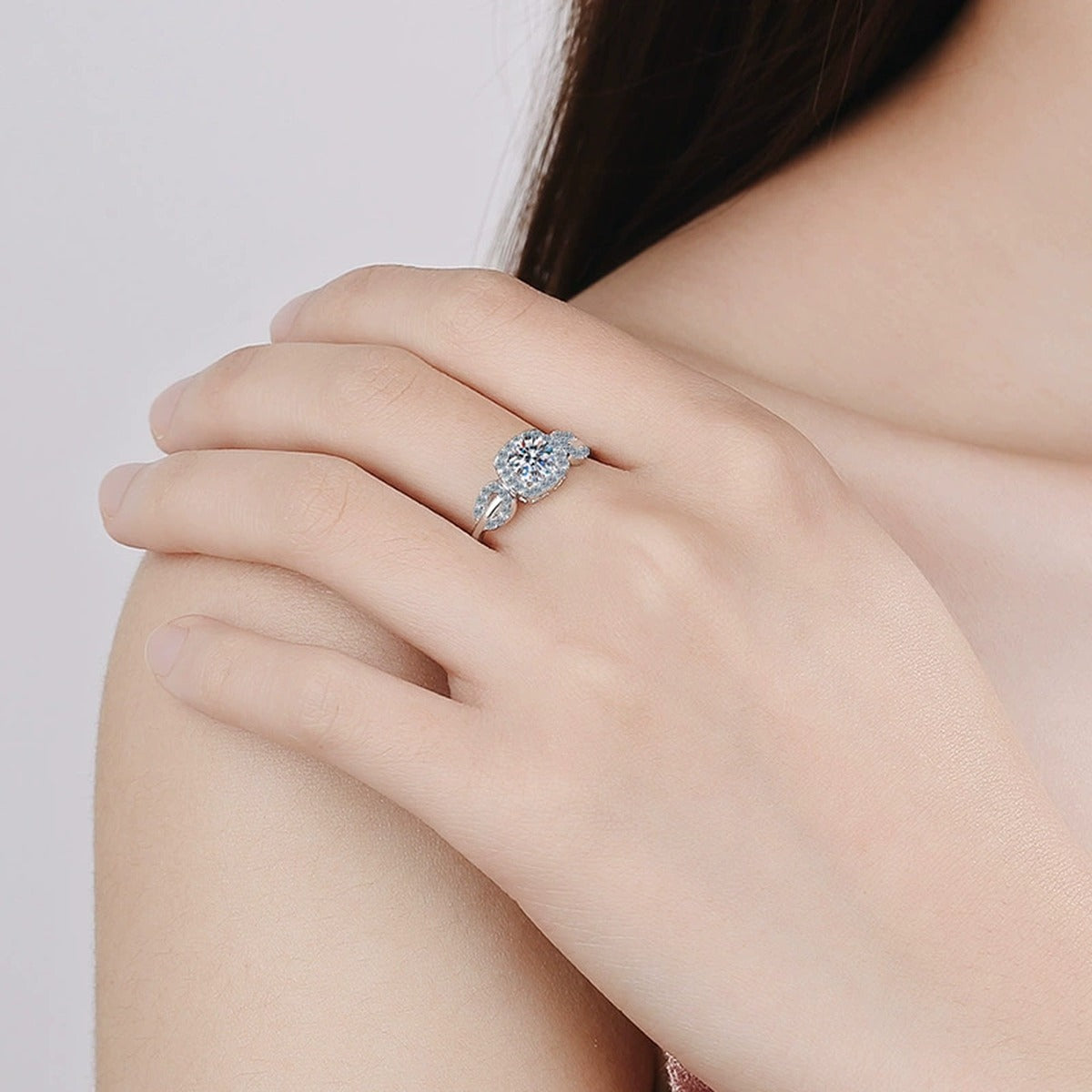 Round Moissanite Halo Engagement Ring with CZ product view showing moissanite setting and metal finish