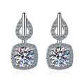 Cushion Halo Moissanite Stud Drop Earrings with CZ in Rhodium-Plated S925 Sterling Silver on clean white background showing the pair, setting, and stud drop earrings silhouette