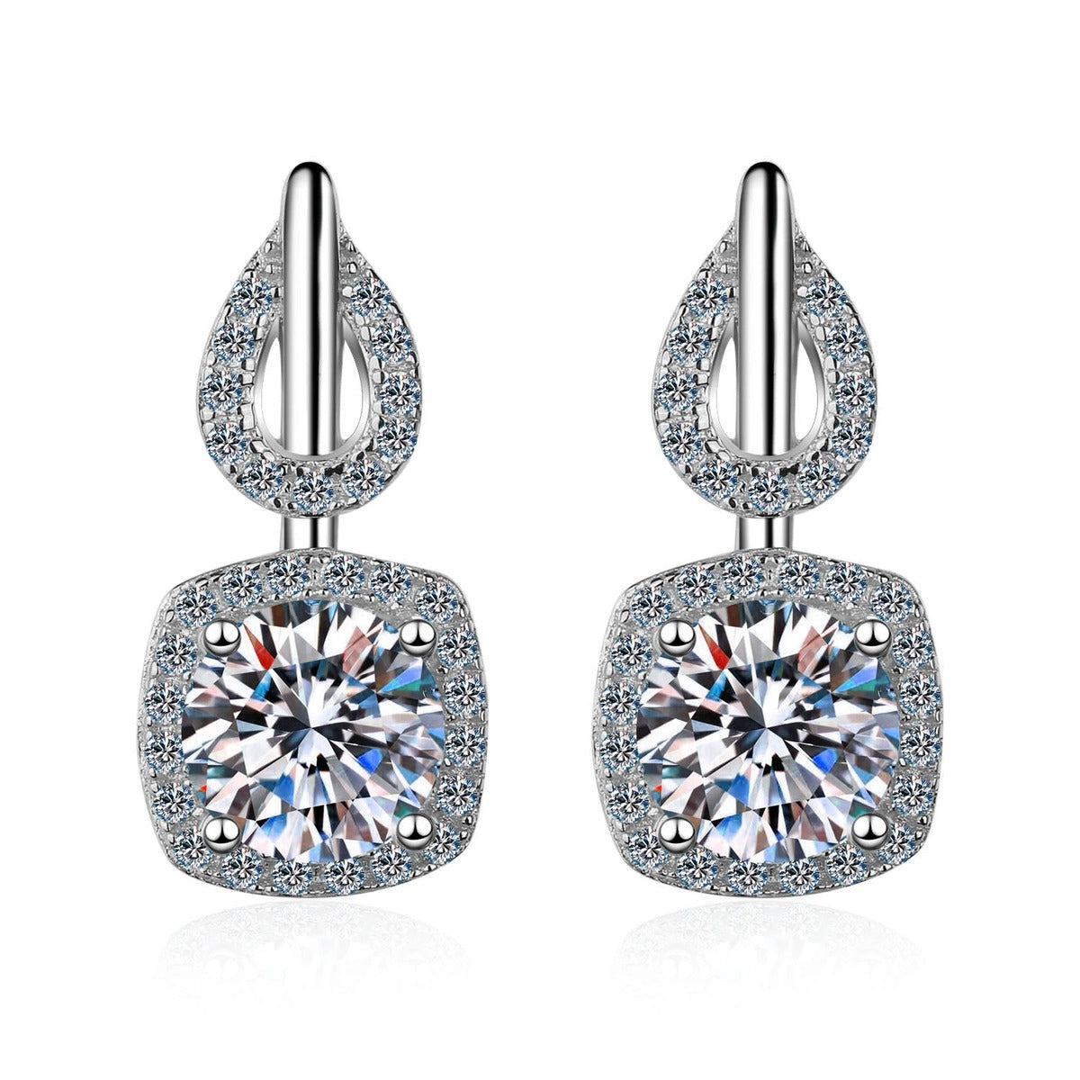 Cushion Halo Moissanite Stud Drop Earrings with CZ in Rhodium-Plated S925 Sterling Silver on clean white background showing the pair, setting, and stud drop earrings silhouette