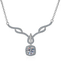 Angel Wing Cushion Moissanite Pendant Necklace with CZ in Rhodium-Plated S925 sterling silver on white background showing pendant shape and round moissanite