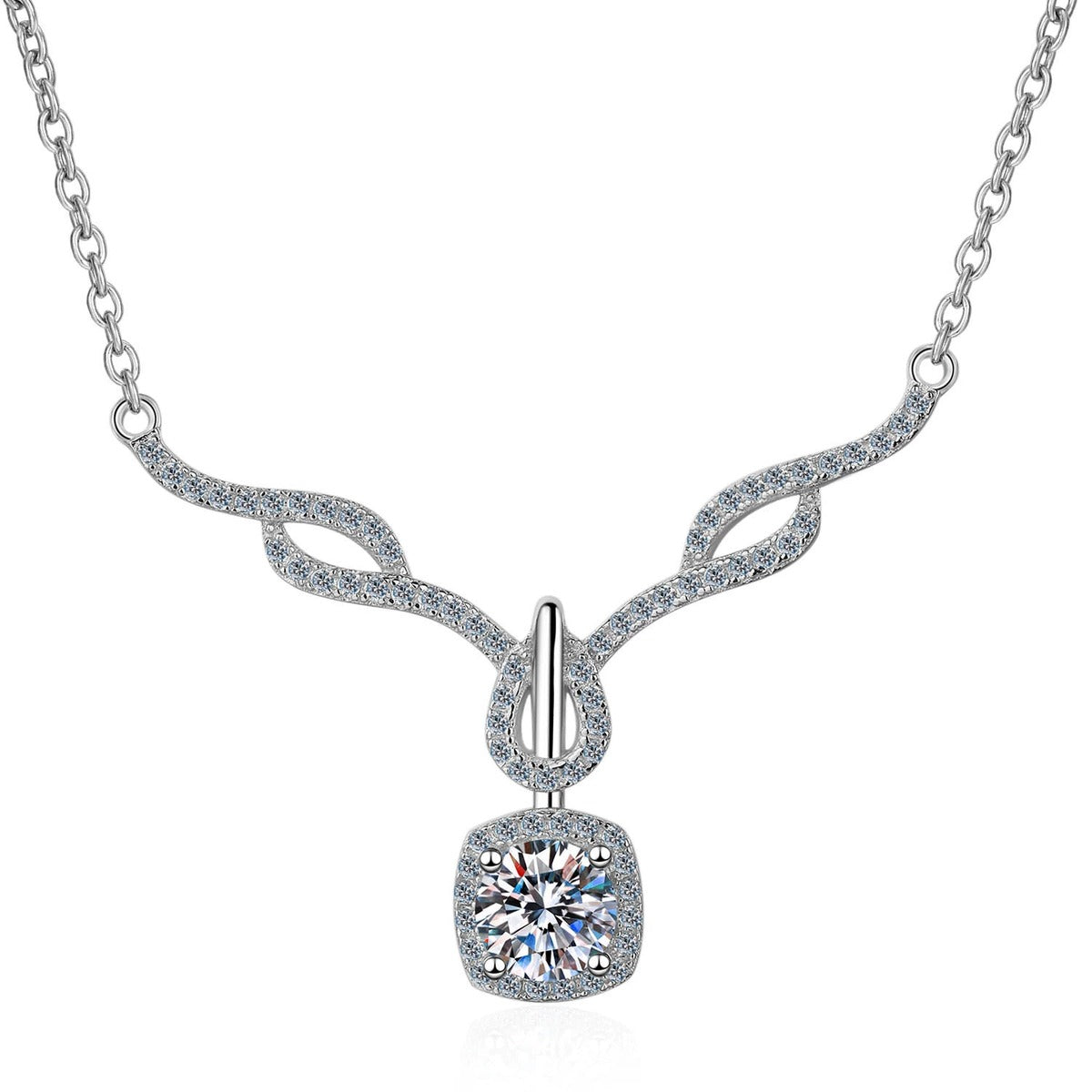 Angel Wing Cushion Moissanite Pendant Necklace with CZ in Rhodium-Plated S925 sterling silver on white background showing pendant shape and round moissanite