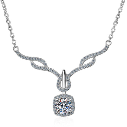 Angel Wing Cushion Moissanite Pendant Necklace with CZ in Rhodium-Plated S925 sterling silver on white background showing pendant shape and round moissanite