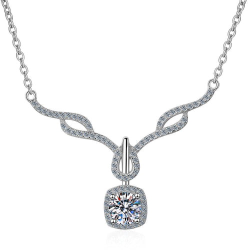 Angel Wing Cushion Moissanite Pendant Necklace with CZ in Rhodium-Plated S925 sterling silver on white background showing pendant shape and round moissanite