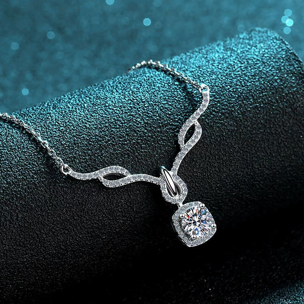 Angel Wing Cushion Moissanite Pendant Necklace with CZ in Rhodium-Plated S925 sterling silver product scene view showing pendant detail