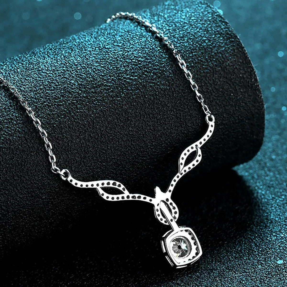 Angel Wing Cushion Moissanite Pendant Necklace with CZ in Rhodium-Plated S925 sterling silver product scene view showing chain and setting detail