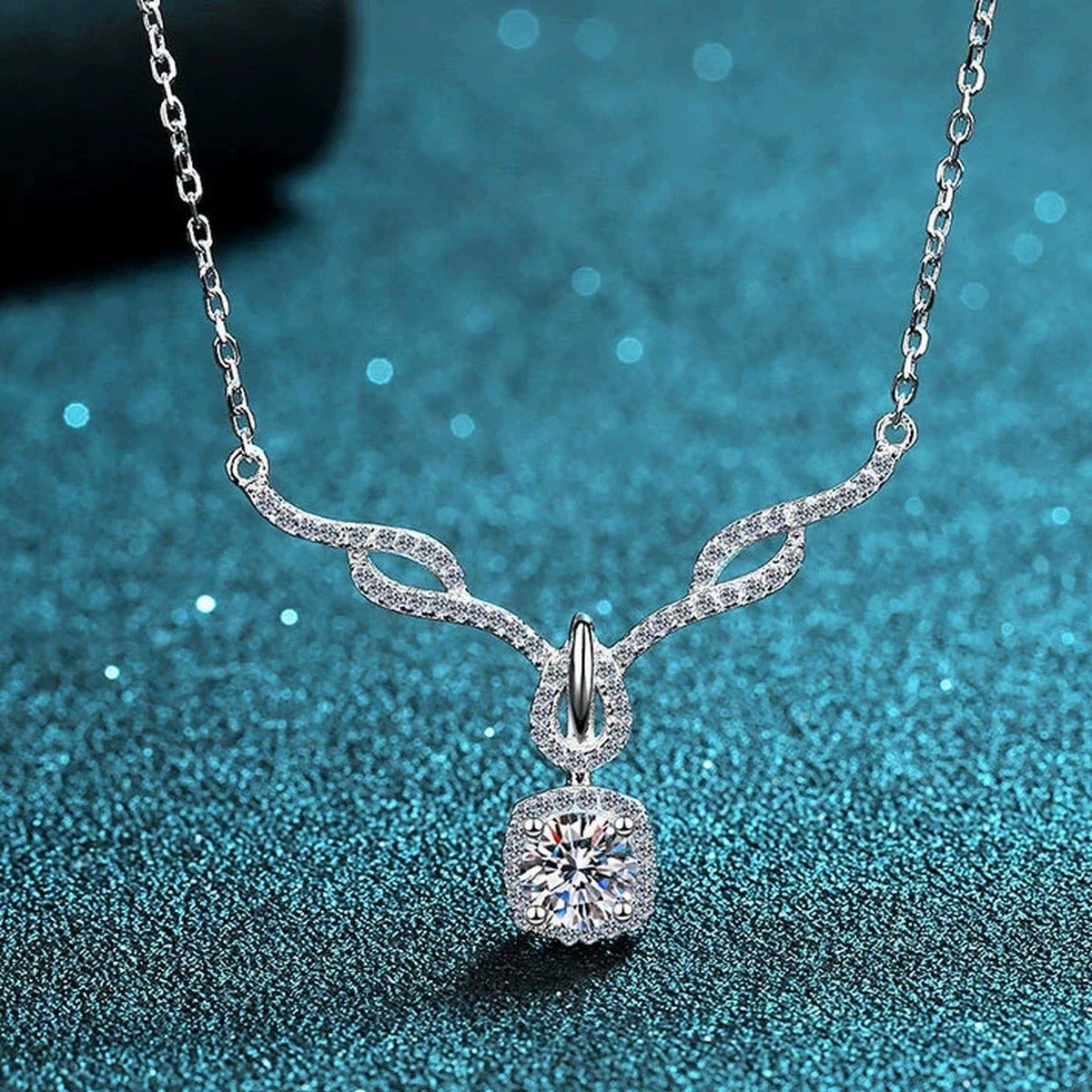 Angel Wing Cushion Moissanite Pendant Necklace with CZ in Rhodium-Plated S925 sterling silver product scene view showing angled sparkle