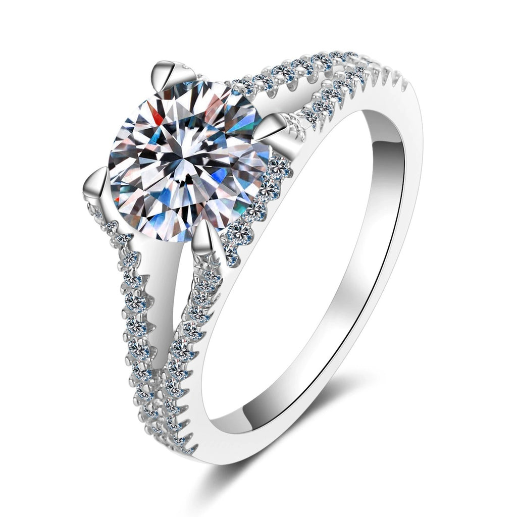 Round Moissanite Split Shank Engagement Ring with CZ in rhodium-plated S925 sterling silver on clean white background