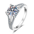 Round Moissanite Split Shank Engagement Ring with CZ in rhodium-plated S925 sterling silver on clean white background