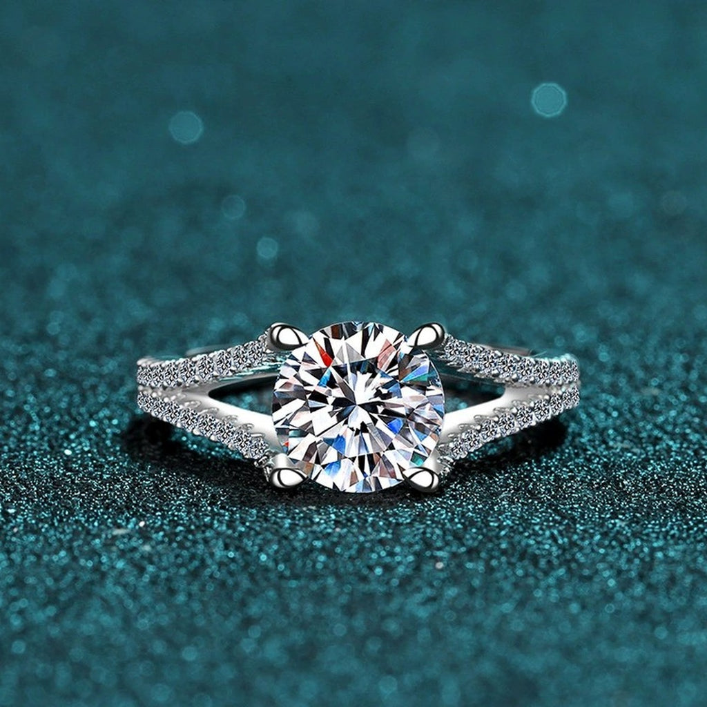 Round Moissanite Split Shank Engagement Ring with CZ product view showing moissanite setting and metal finish