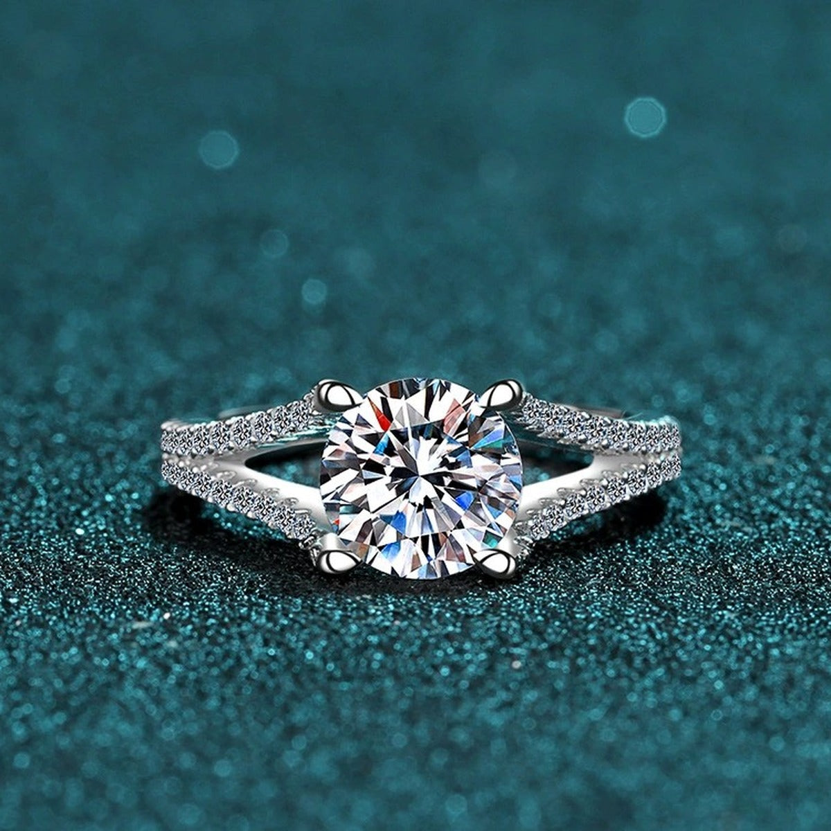 Round Moissanite Split Shank Engagement Ring with CZ product view showing moissanite setting and metal finish