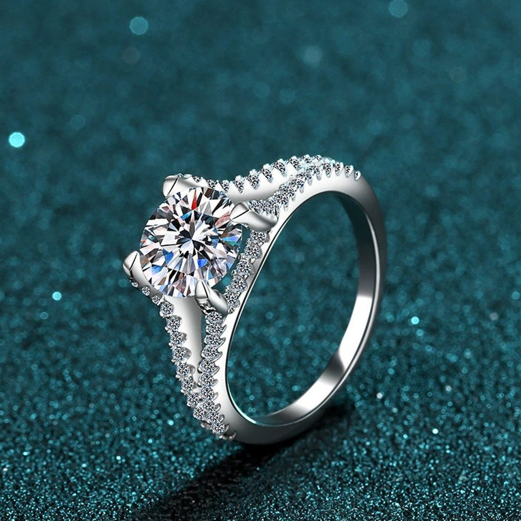 Round Moissanite Split Shank Engagement Ring with CZ product view showing moissanite setting and metal finish