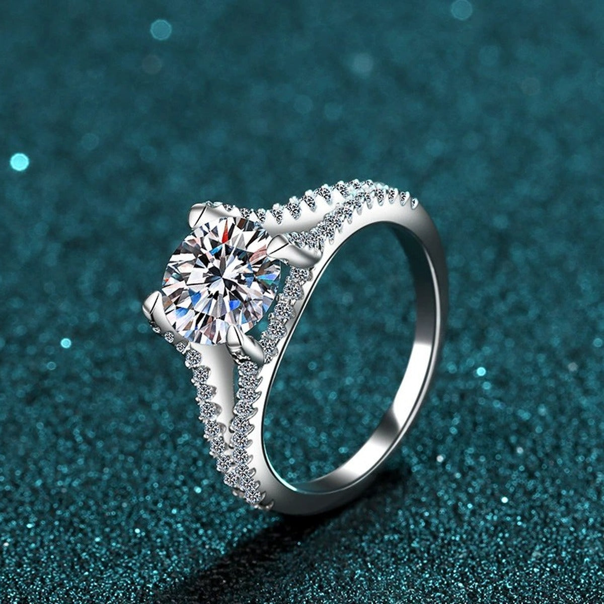 Round Moissanite Split Shank Engagement Ring with CZ product view showing moissanite setting and metal finish
