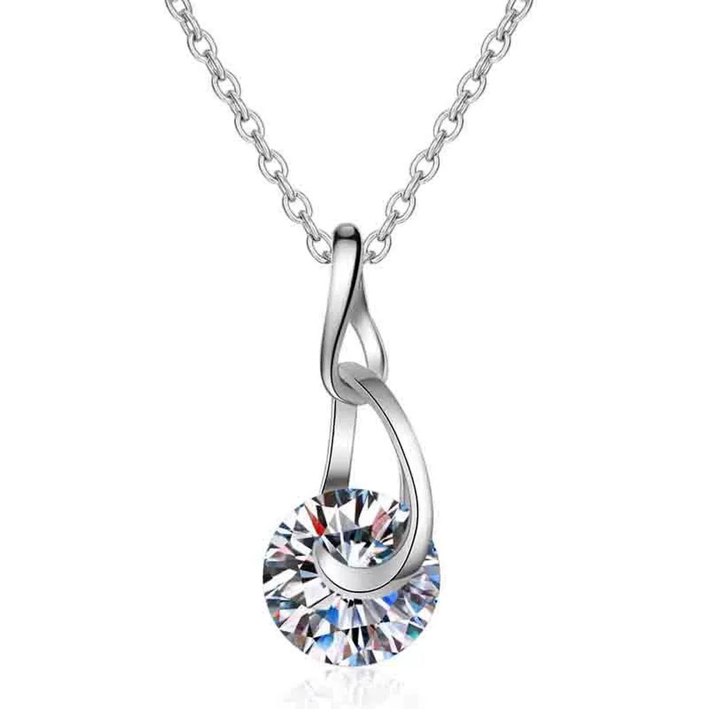 Water Drop Moissanite Pendant Necklace in Rhodium-Plated S925 sterling silver on white background showing pendant shape and round moissanite