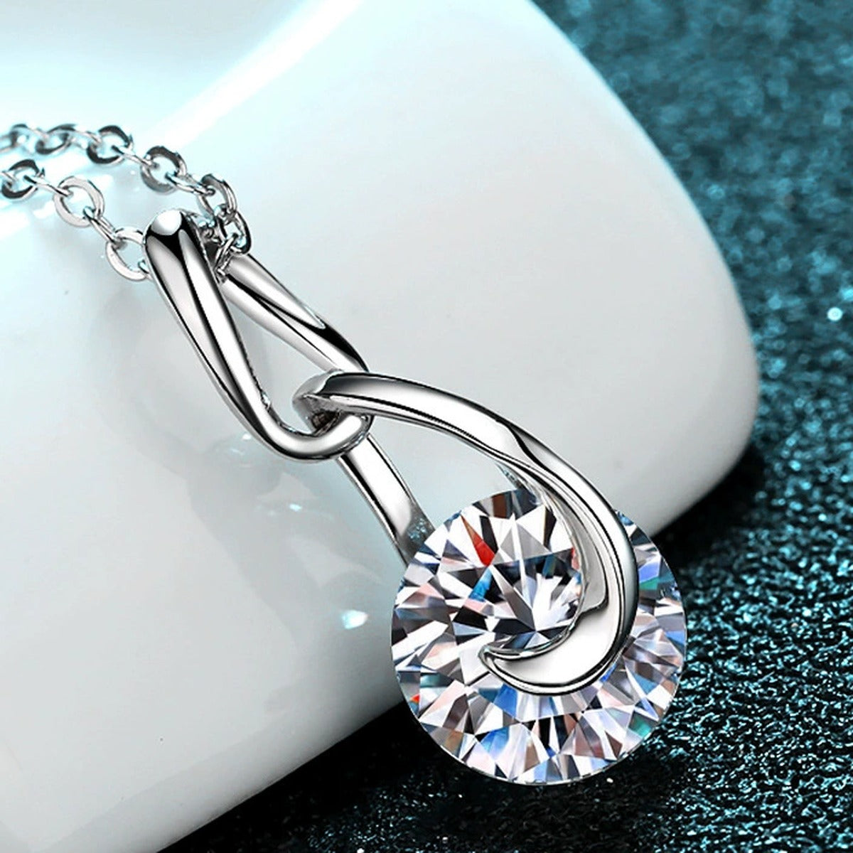 Water Drop Moissanite Pendant Necklace in Rhodium-Plated S925 sterling silver product scene view showing chain and setting detail