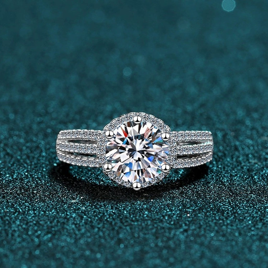 Round Moissanite Side Stone Ring with CZ product view showing moissanite setting and metal finish