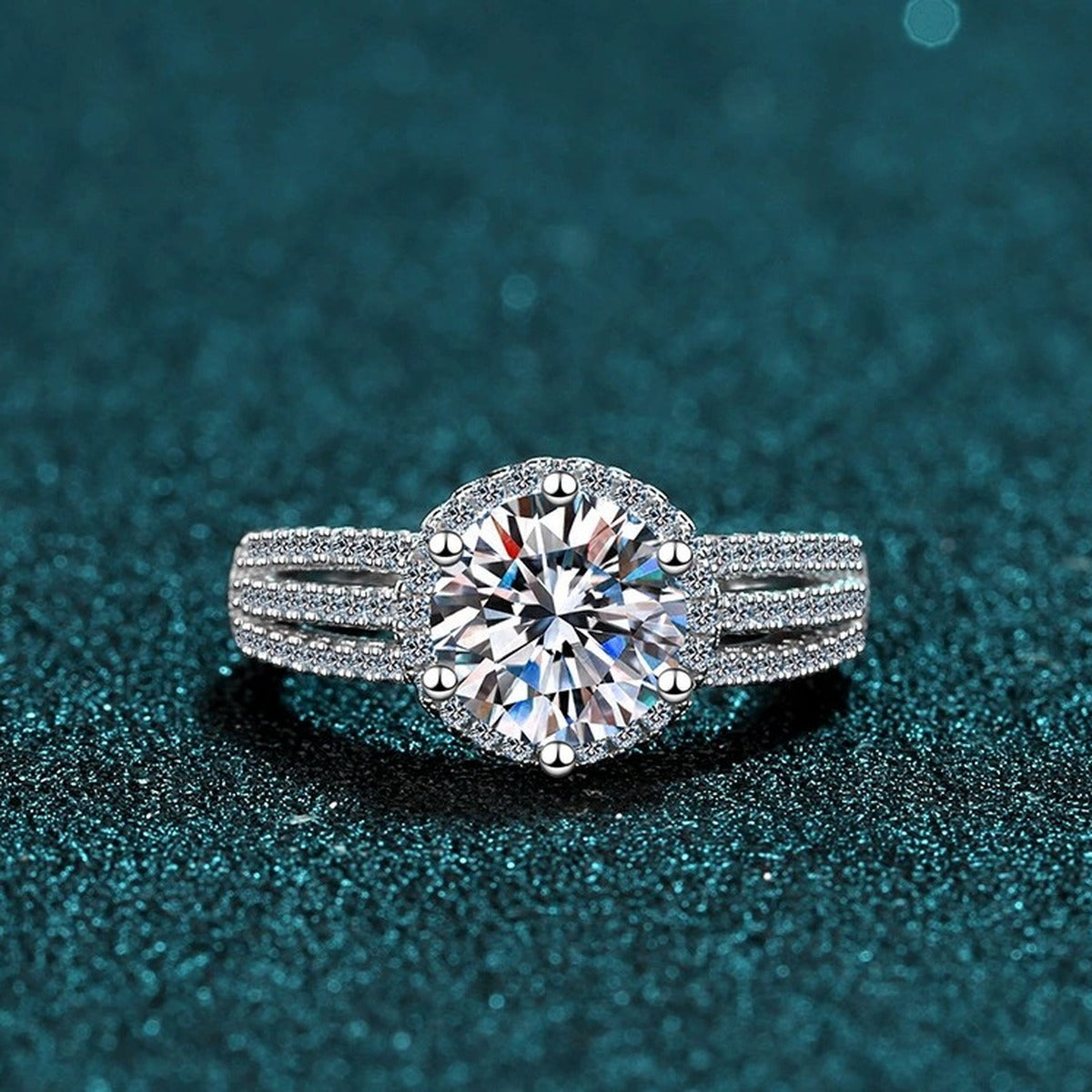 Round Moissanite Side Stone Ring with CZ product view showing moissanite setting and metal finish