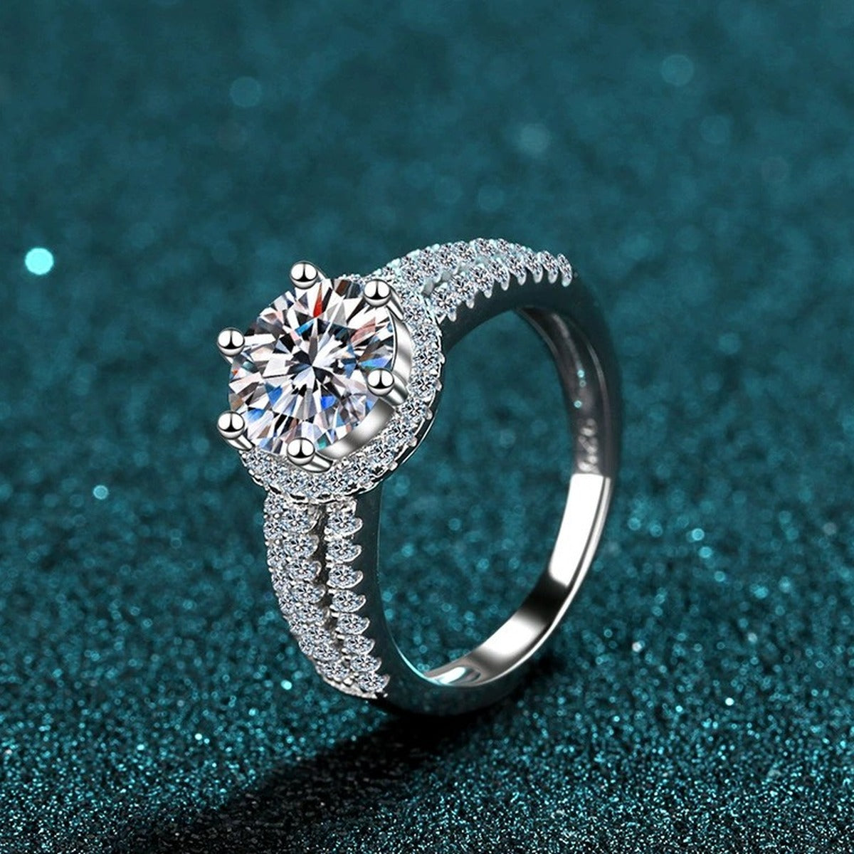 Round Moissanite Side Stone Ring with CZ product view showing moissanite setting and metal finish