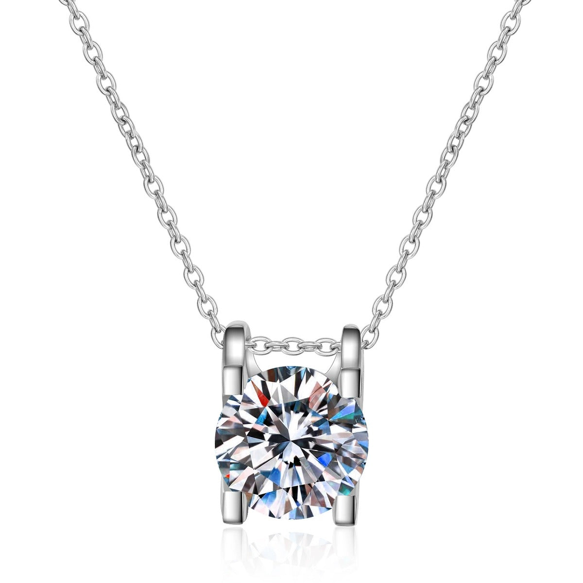 Solitaire and Cross Round Moissanite Pendant Necklace in Rhodium-Plated S925 sterling silver white background product photo showing round moissanite solitaire and cross pendant necklace with multiple pendant sizes