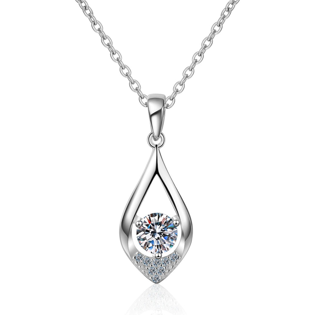 Teardrop Moissanite Pendant Necklace with CZ in Rhodium-Plated S925 sterling silver on white background showing pendant shape and round moissanite