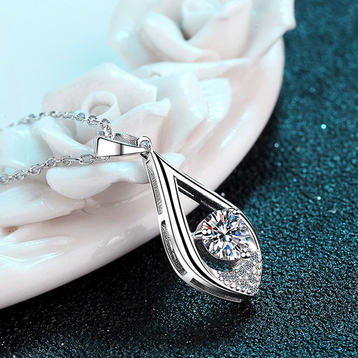 Teardrop Moissanite Pendant Necklace with CZ in Rhodium-Plated S925 sterling silver product scene view showing pendant detail