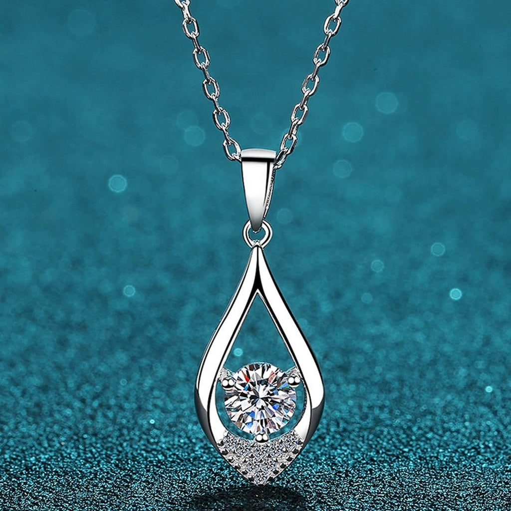Teardrop Moissanite Pendant Necklace with CZ in Rhodium-Plated S925 sterling silver product scene view showing angled sparkle