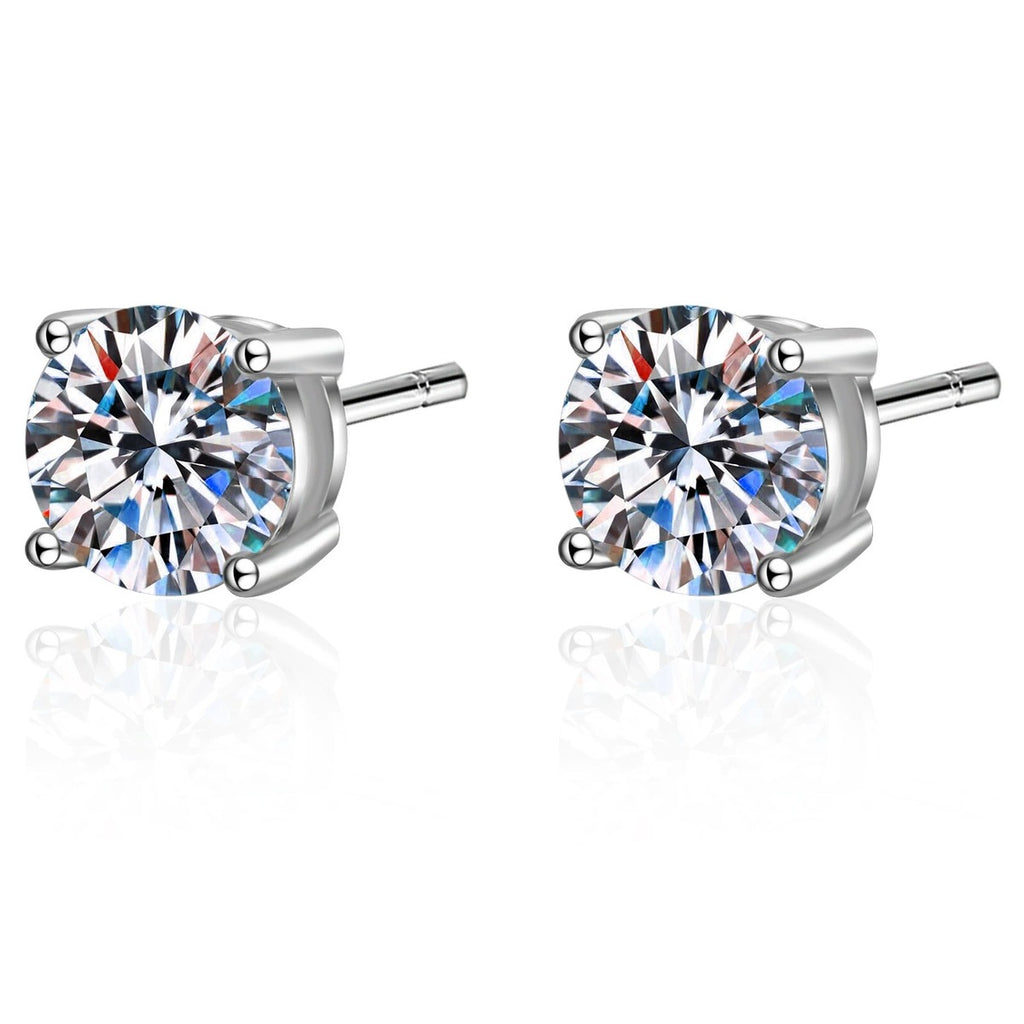 Classic Round Moissanite Stud Earrings in Rhodium-Plated S925 Sterling Silver on clean white background showing the pair, setting, and stud earrings silhouette