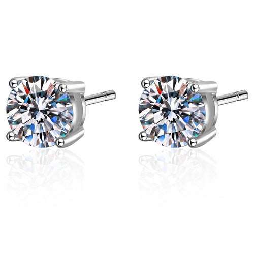 Classic Round Moissanite Stud Earrings in Rhodium-Plated S925 Sterling Silver on clean white background showing the pair, setting, and stud earrings silhouette
