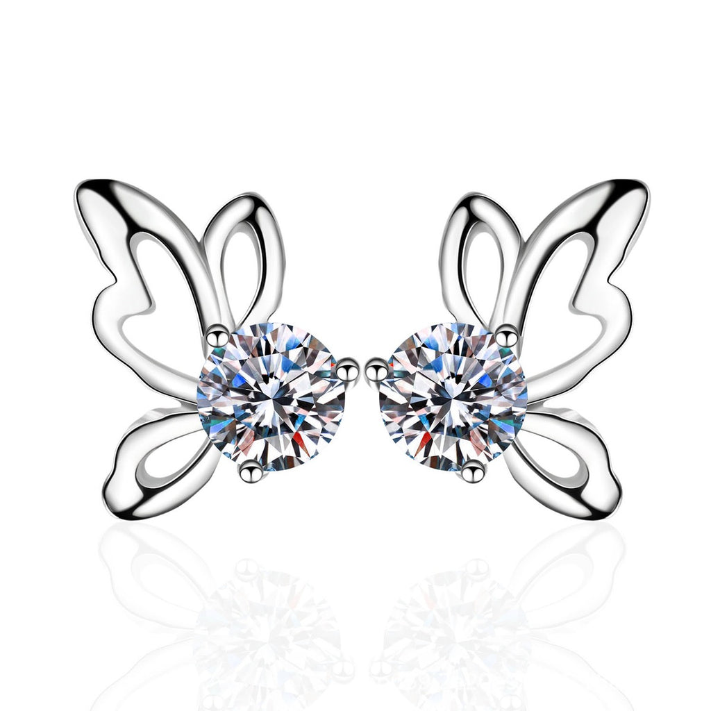 Butterfly Moissanite Stud Earrings in Rhodium-Plated S925 Sterling Silver on clean white background showing the pair, setting, and stud earrings silhouette
