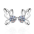 Butterfly Moissanite Stud Earrings in Rhodium-Plated S925 Sterling Silver on clean white background showing the pair, setting, and stud earrings silhouette