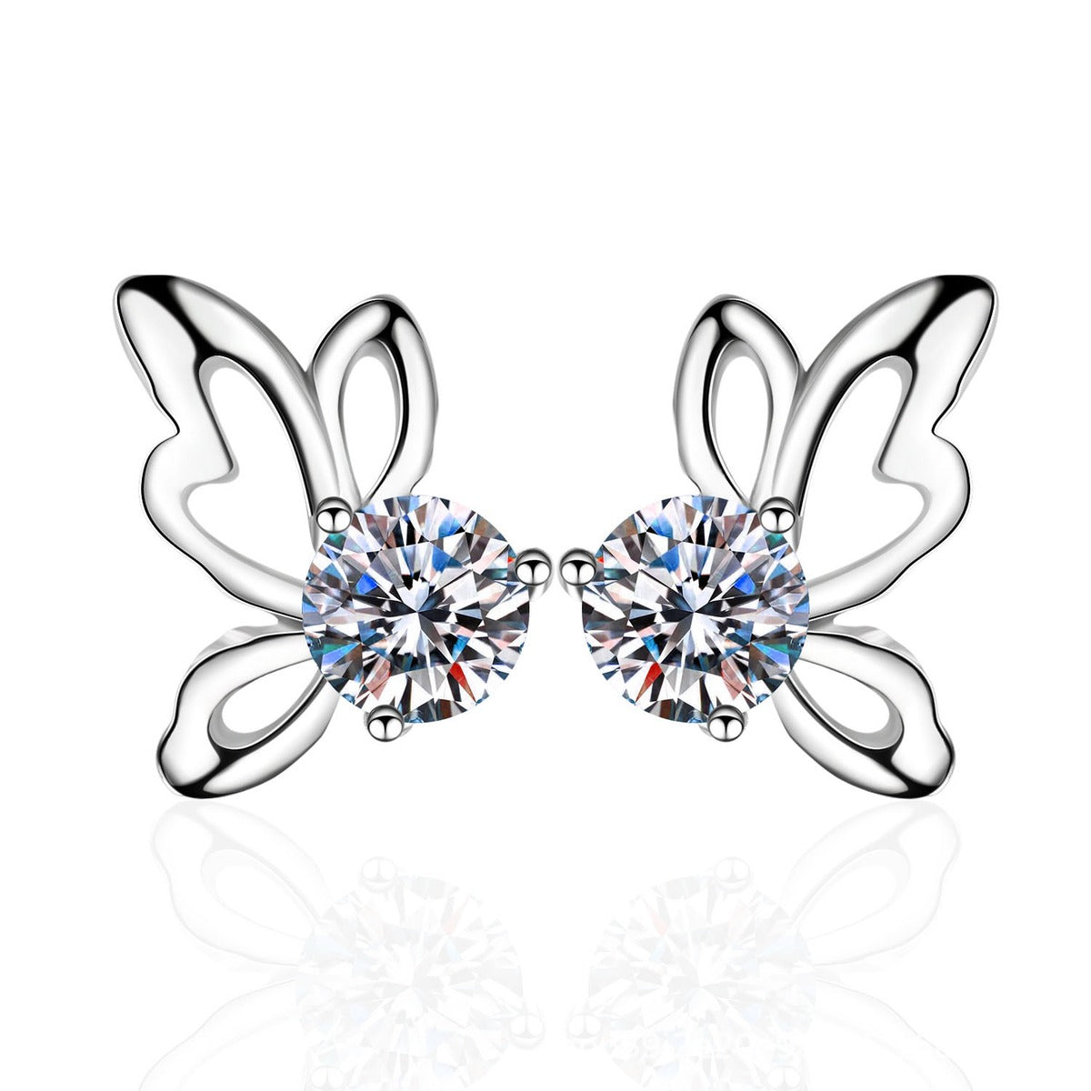 Butterfly Moissanite Stud Earrings in Rhodium-Plated S925 Sterling Silver on clean white background showing the pair, setting, and stud earrings silhouette