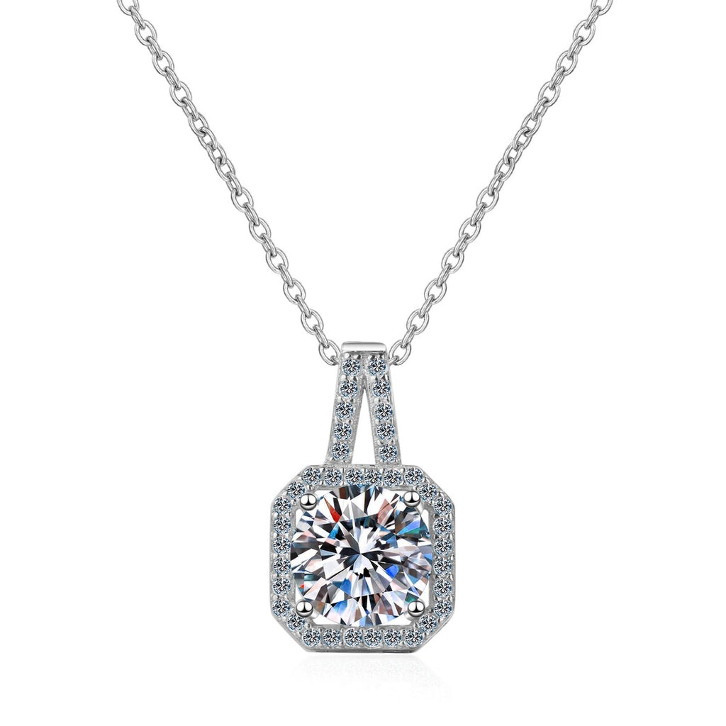 Solitaire Moissanite Pendant Necklace with CZ in Rhodium-Plated S925 sterling silver on white background showing pendant shape and round moissanite