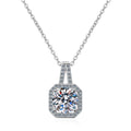 Solitaire Moissanite Pendant Necklace with CZ in Rhodium-Plated S925 sterling silver on white background showing pendant shape and round moissanite