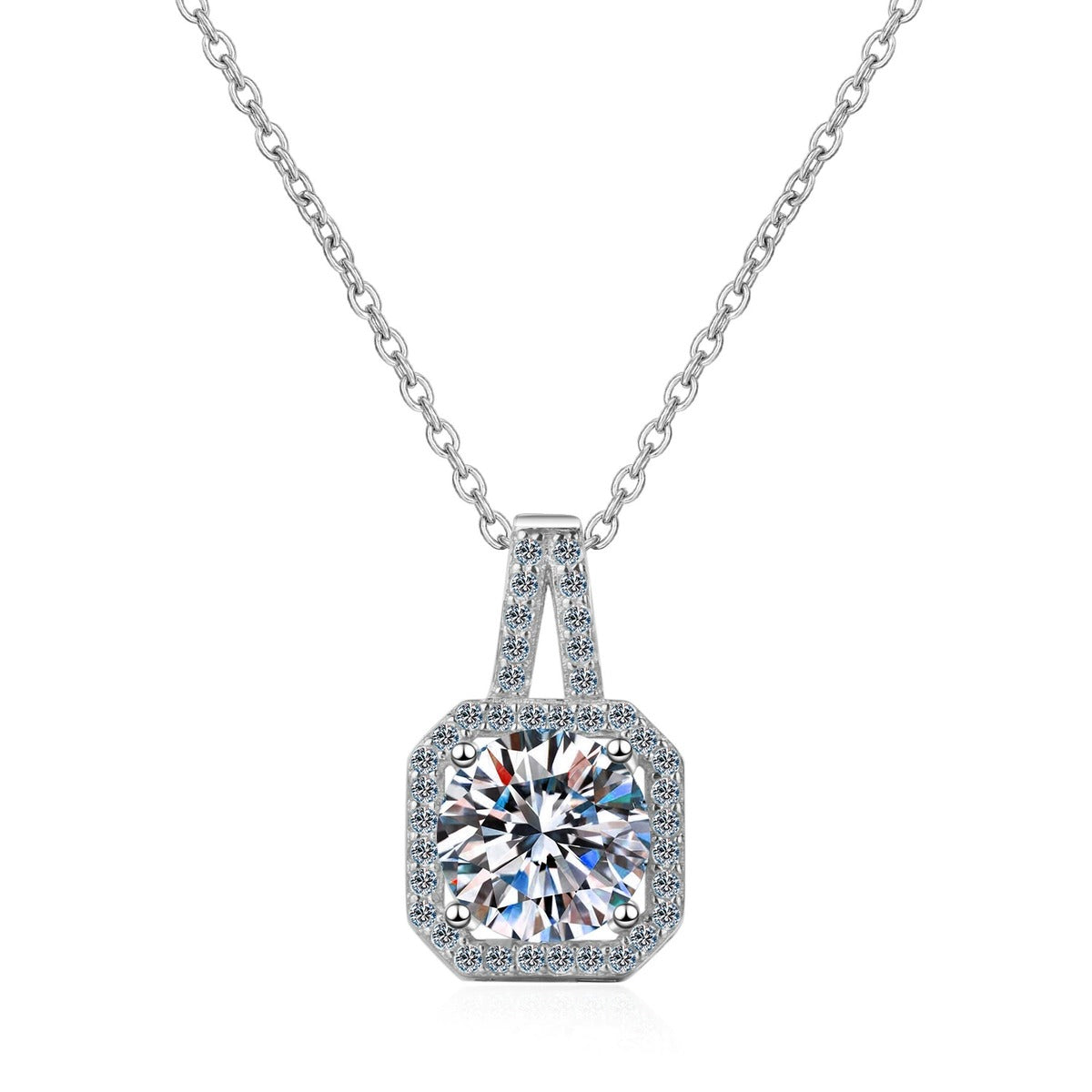 Solitaire Moissanite Pendant Necklace with CZ in Rhodium-Plated S925 sterling silver on white background showing pendant shape and round moissanite