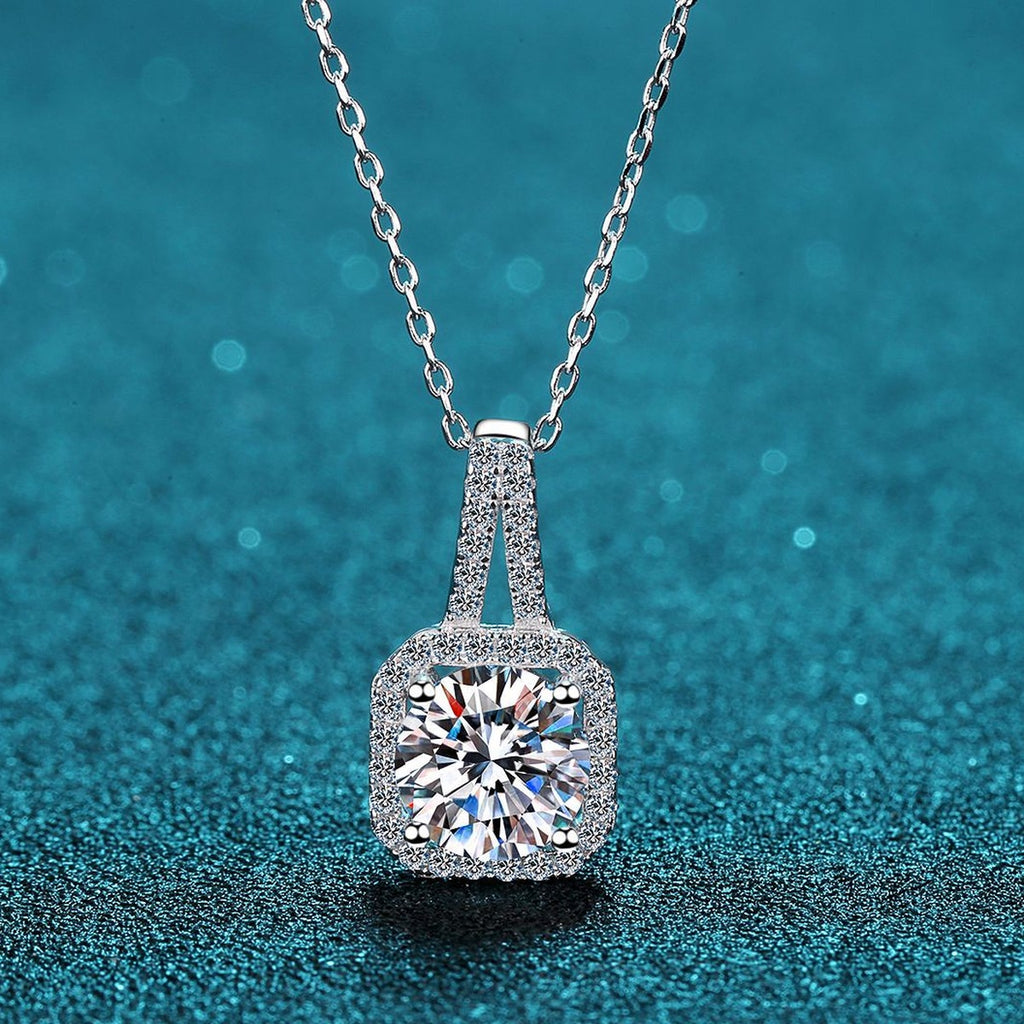 Solitaire Moissanite Pendant Necklace with CZ in Rhodium-Plated S925 sterling silver product scene view showing pendant detail