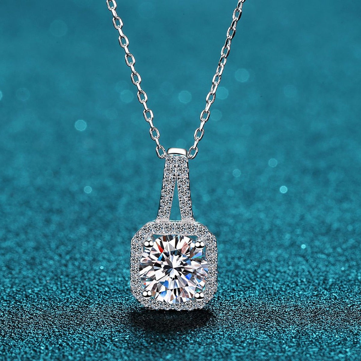 Solitaire Moissanite Pendant Necklace with CZ in Rhodium-Plated S925 sterling silver product scene view showing pendant detail