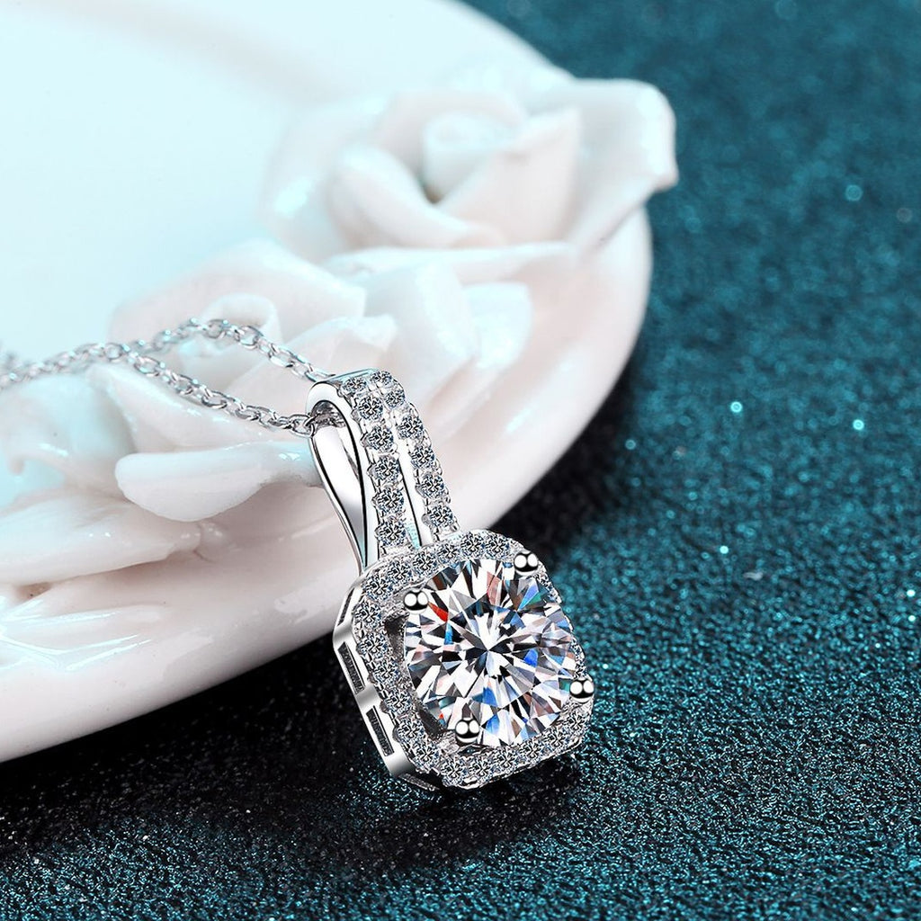 Solitaire Moissanite Pendant Necklace with CZ in Rhodium-Plated S925 sterling silver product scene view showing chain and setting detail