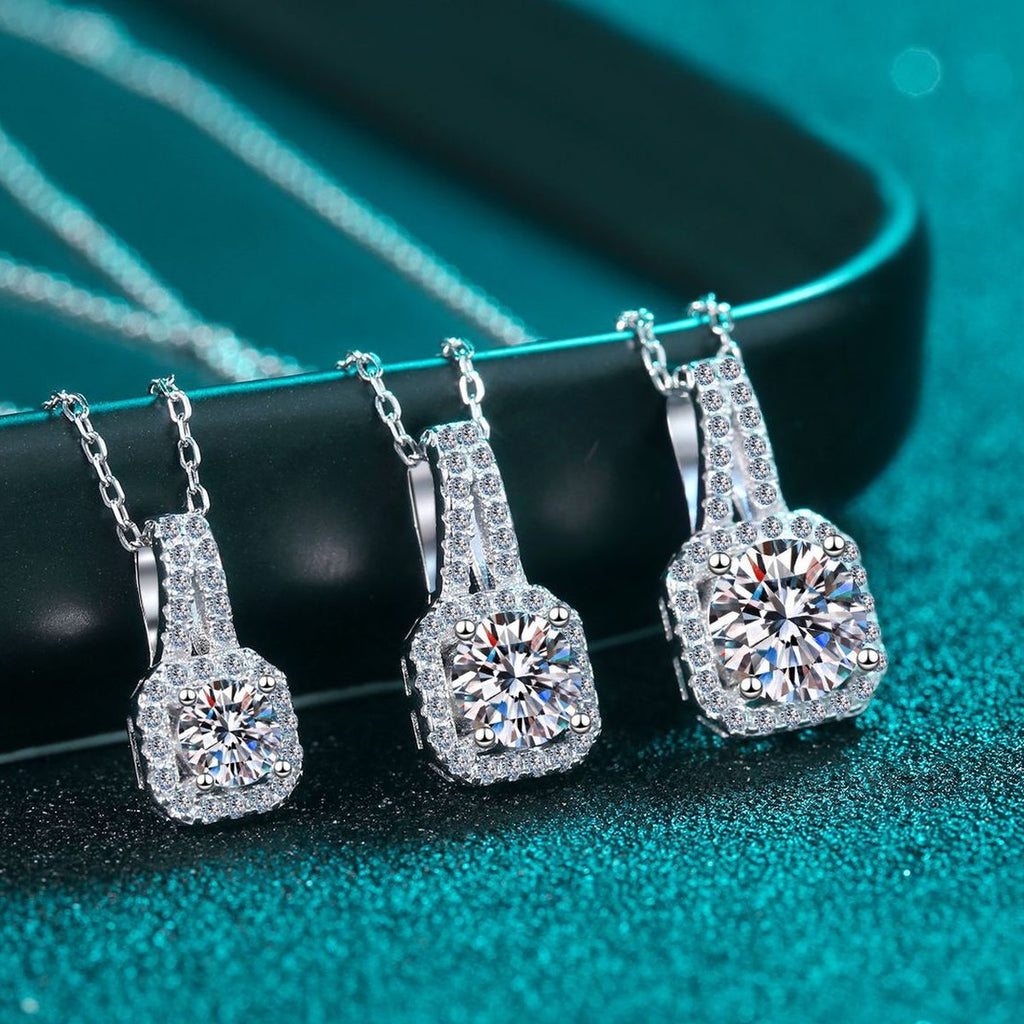 Solitaire Moissanite Pendant Necklace with CZ in Rhodium-Plated S925 sterling silver product scene view showing close-up styling