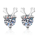 Deer Antler Moissanite Stud Earrings in Rhodium-Plated S925 Sterling Silver on clean white background showing the pair, setting, and stud earrings silhouette