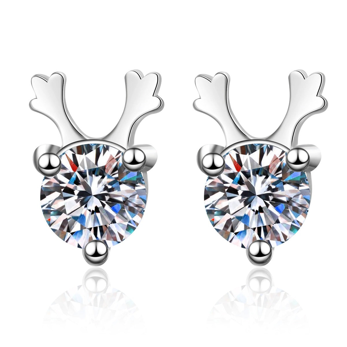 Deer Antler Moissanite Stud Earrings in Rhodium-Plated S925 Sterling Silver on clean white background showing the pair, setting, and stud earrings silhouette