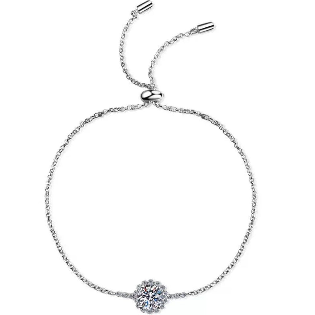 Round Halo Moissanite Adjustable Bracelet with CZ in Rhodium-Plated S925 sterling silver white background product photo showing bracelet shape and moissanite setting