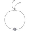 Round Halo Moissanite Adjustable Bracelet with CZ in Rhodium-Plated S925 sterling silver white background product photo showing bracelet shape and moissanite setting