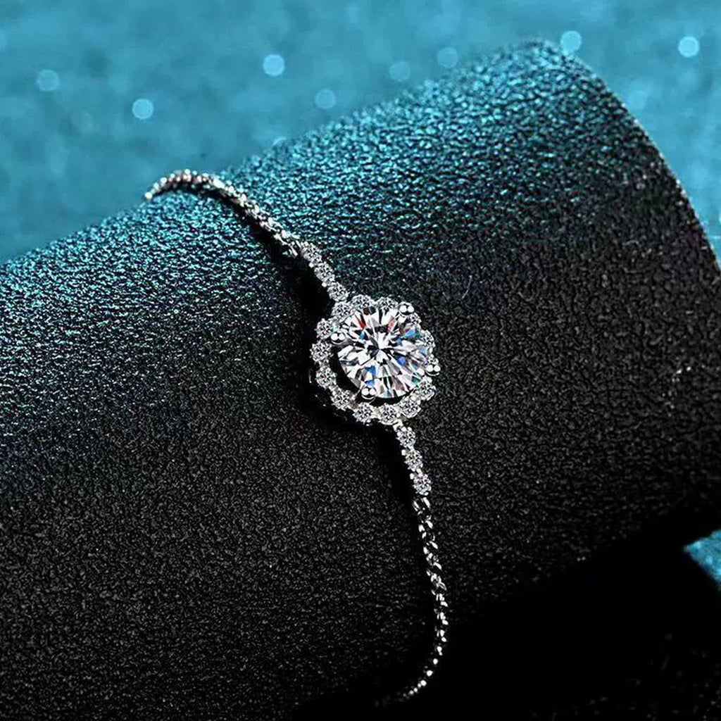 Round Halo Moissanite Adjustable Bracelet with CZ in Rhodium-Plated S925 sterling silver styled product scene showing stone sparkle and chain detail