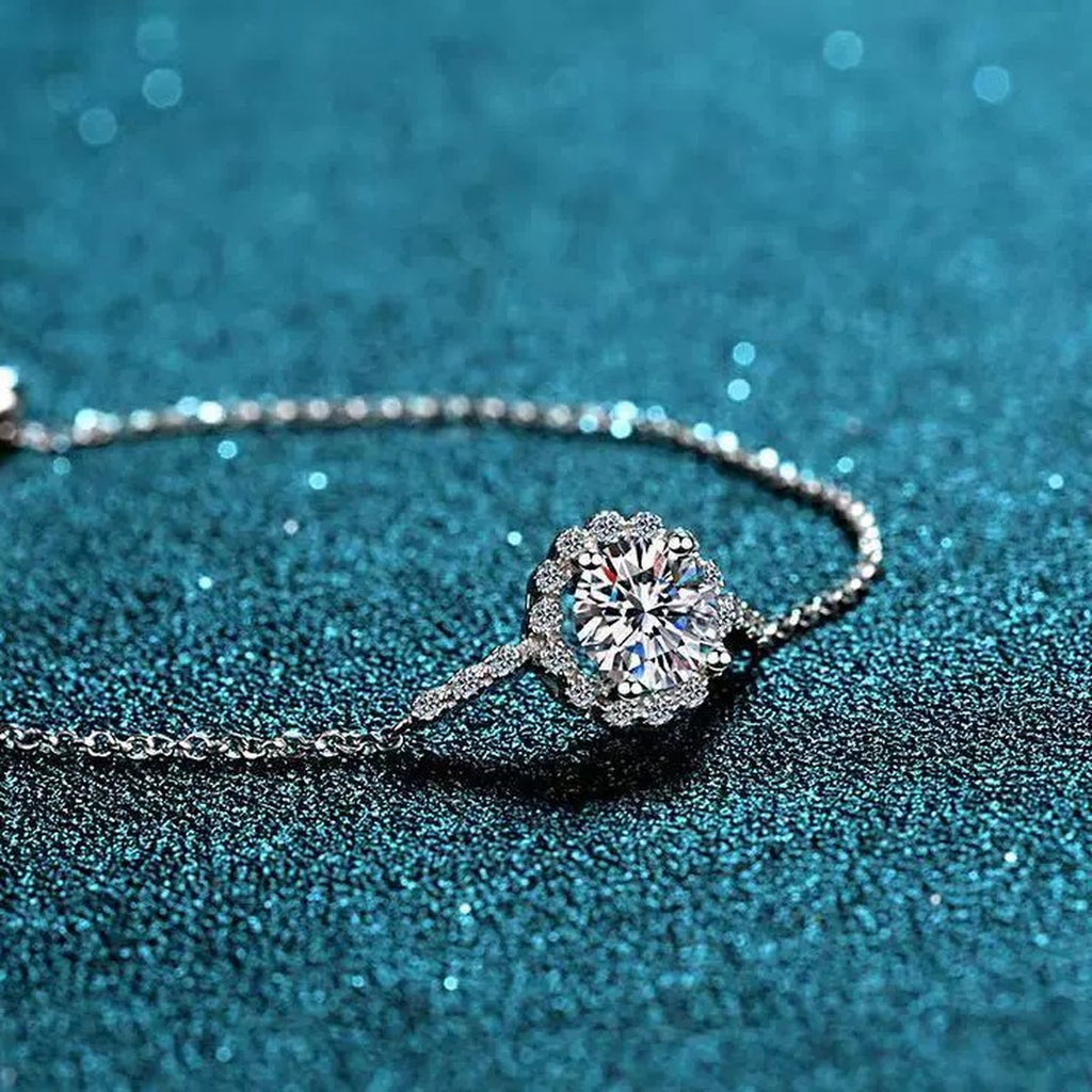 Round Halo Moissanite Adjustable Bracelet with CZ in Rhodium-Plated S925 sterling silver close-up bracelet detail view showing clasp and motif