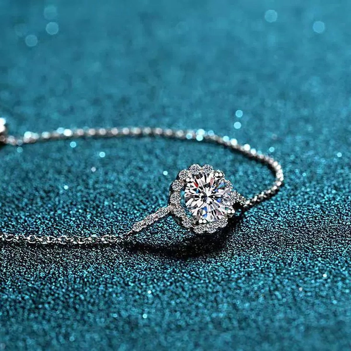 Round Halo Moissanite Adjustable Bracelet with CZ in Rhodium-Plated S925 sterling silver close-up bracelet detail view showing clasp and motif